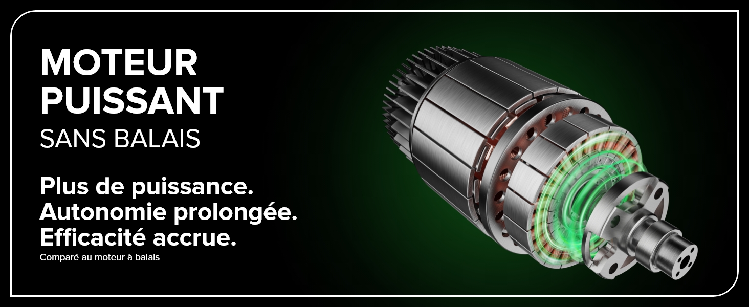 Le texte indique « MOTEUR PUISSANT » et « SANS BALAIS ». Image promotionnelle montrant un composant moteur avec éclairage vert, mettant l'accent sur la puissance et la technologie sans balais.