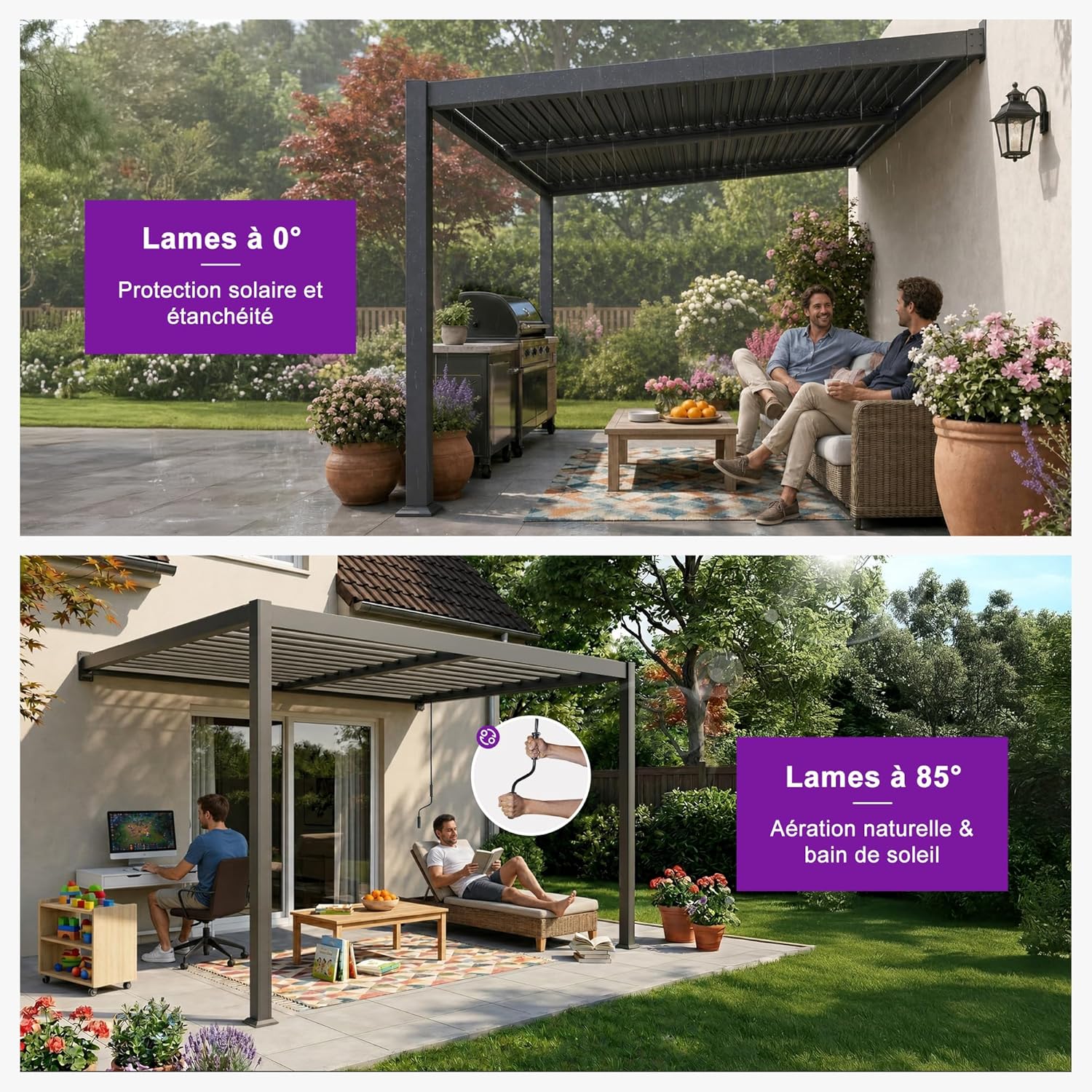 PURPLE LEAF - pergola bioclimatique adossée - 2,5x3,65m - aluminium, lames orientables, imperméable, gain de place