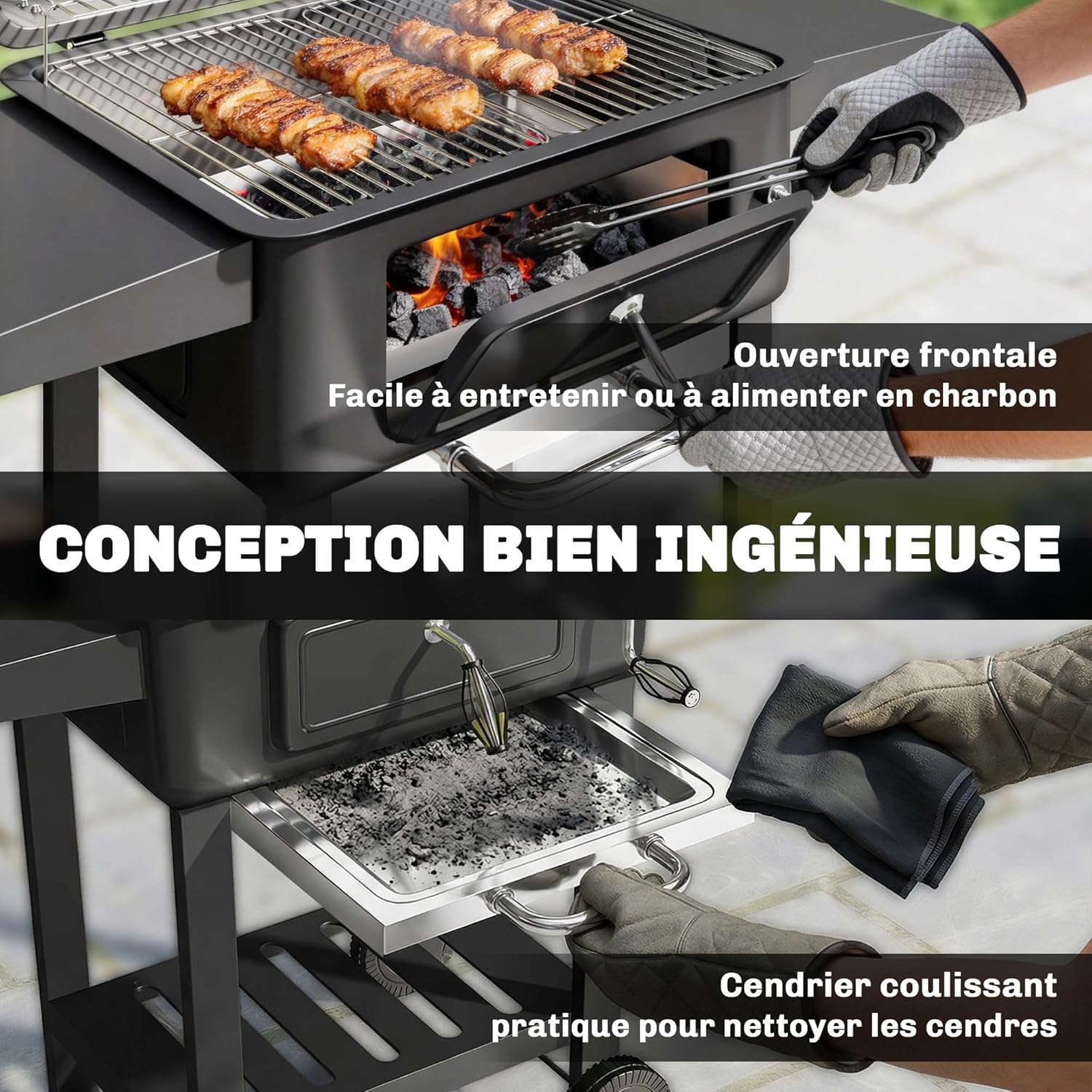 Outsunny - barbecue charbon réglable - grand format - chariot, tablettes, cheminée, roues, thermomètre