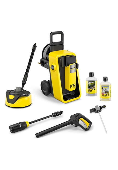 Image identique à la Figure 6 - Affichage de l'équipement de nettoyage Kärcher montrant le nettoyeur haute pression et ses accessoires dans une palette de couleurs jaune et noir.