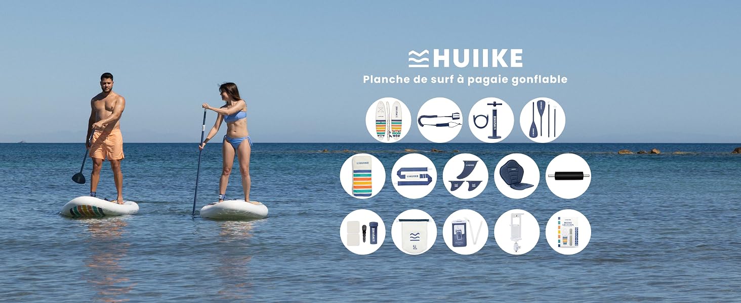 Le texte indique « HUIKE ». Équipement de sports nautiques utilisé en mer, avec une série d'icônes indiquant les caractéristiques du produit. Plusieurs plans d'action du produit en cours d'utilisation.