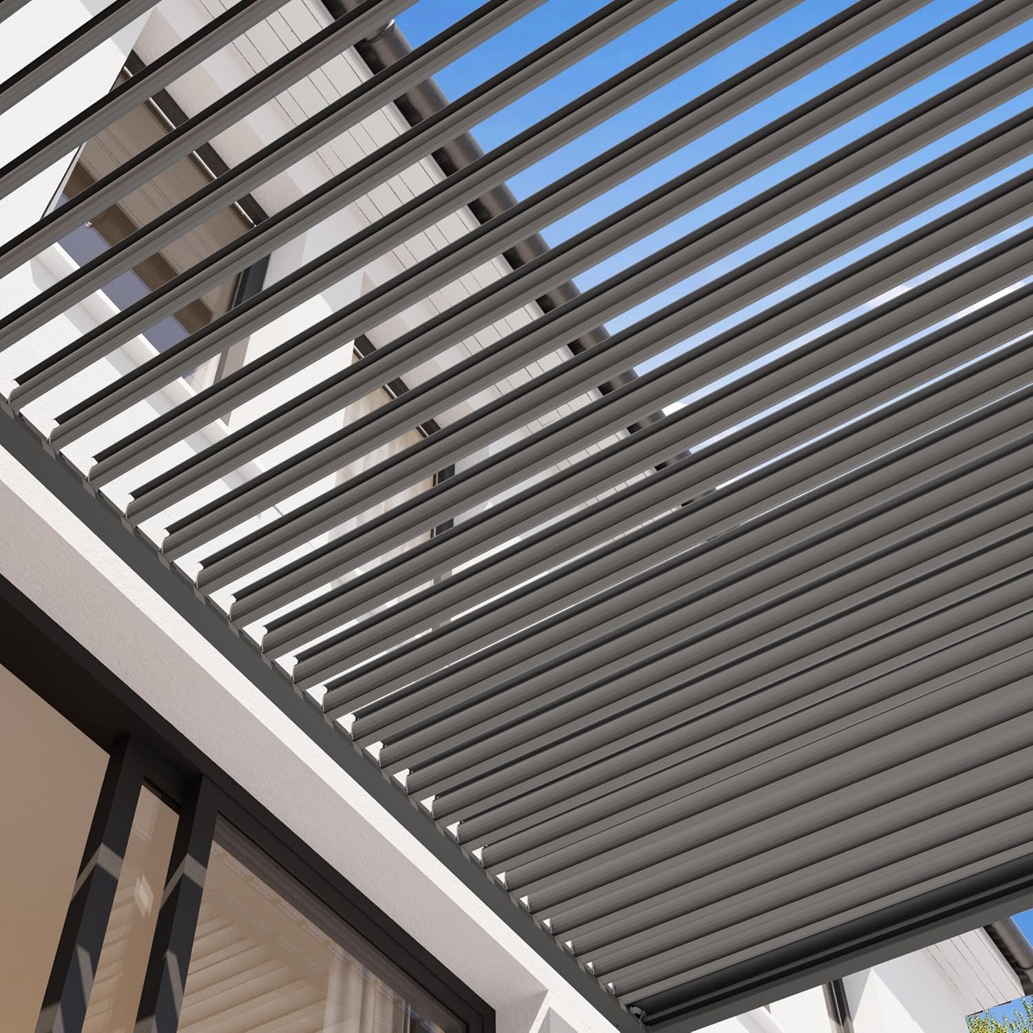 PRIMEYARD - Pergola série aluminium - 3x3 m - Lames acier orientables - Gris