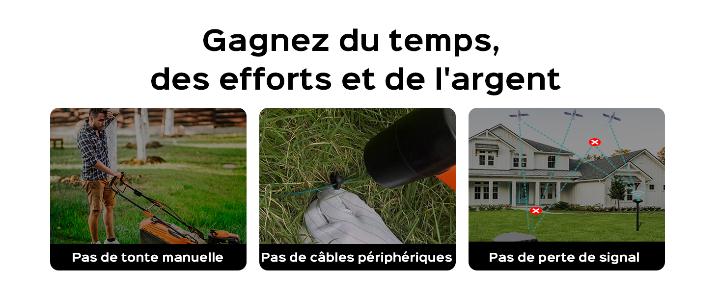 Image à trois panneaux faisant la promotion d'un produit d'entretien des pelouses. Des panneaux montrent une girafe près d'une tondeuse à gazon, un appareil dans l'herbe et une maison. Le texte en français suggère des économies de temps et d'argent.