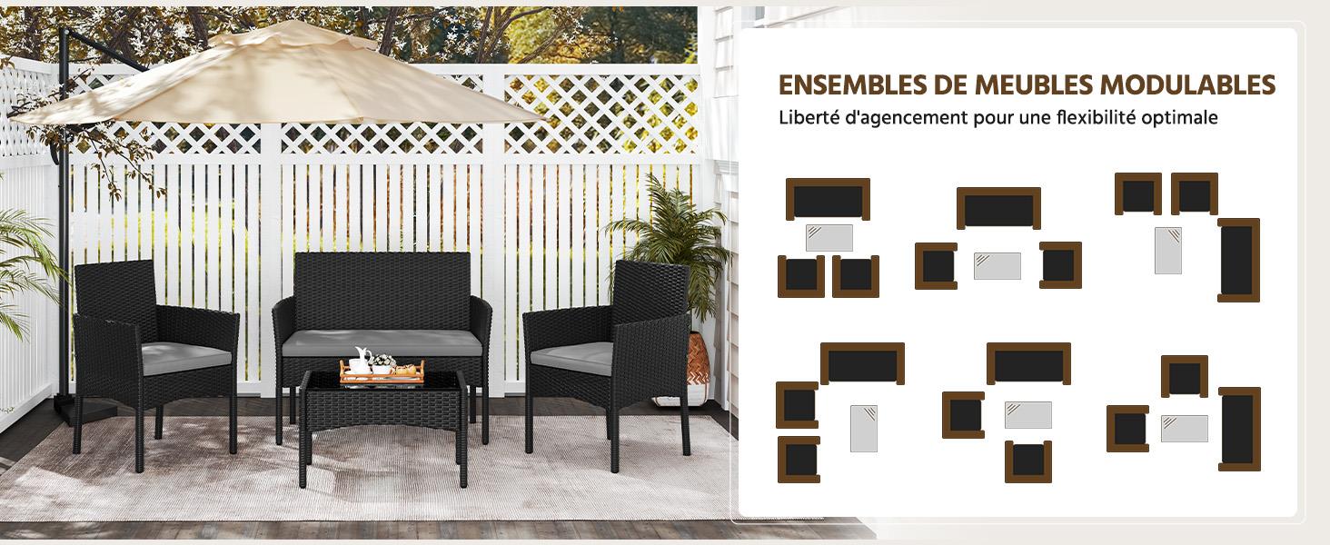 Le texte se lit comme suit : « ENSEMBLES DE MEUBLES MODULABLES ». Plusieurs images montrant des arrangements modulaires de mobilier d'extérieur avec des coussins foncés sur des cadres blancs.