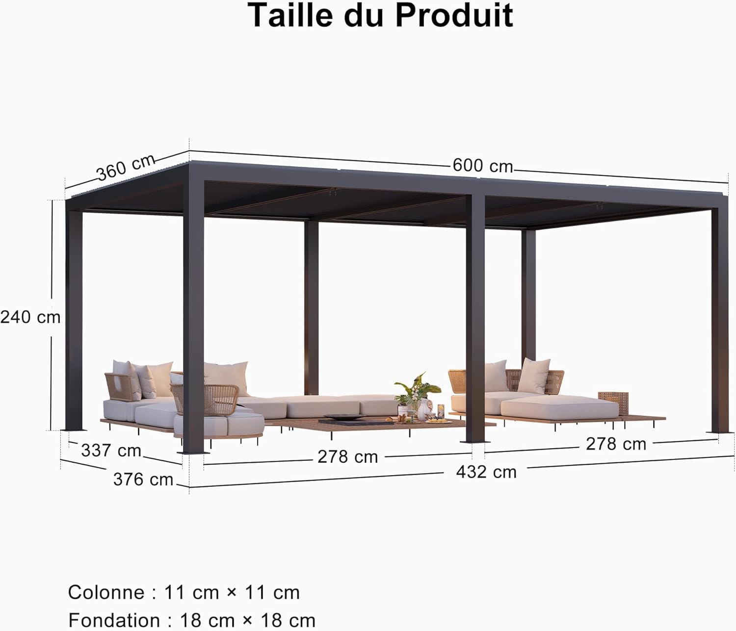 PURPLE LEAF - Pergola bioclimatique 6x3,68m alu, lames orientables, persienne fixe