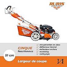 Le texte indique « RURIS », « CINQUE », « Largeur de coupe 51 cm ». Tondeuse à gazon orange dont les caractéristiques sont répertoriées : « récupération en sacs », « nettoyage », « déflecteur latéral », « déflecteur arrière ».