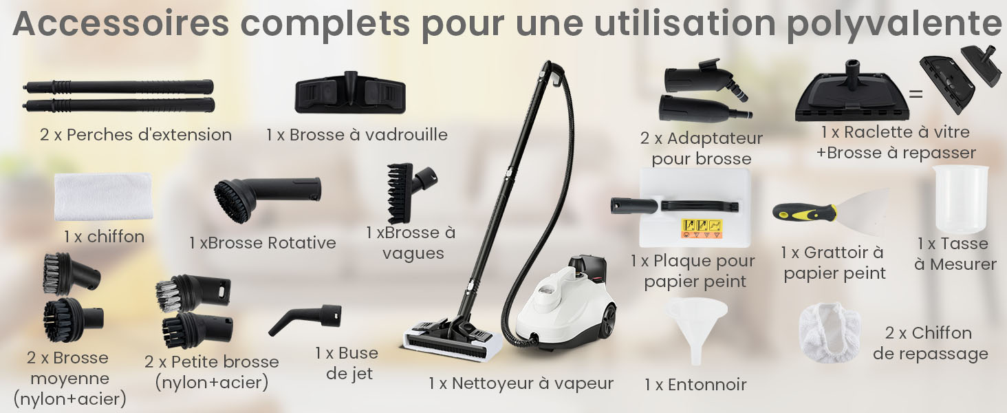 Le texte se lit comme suit : « Accessoires complets pour une utilisation polyvalente ». Schéma du produit montrant les différents accessoires et accessoires de l'aspirateur disposés horizontalement.