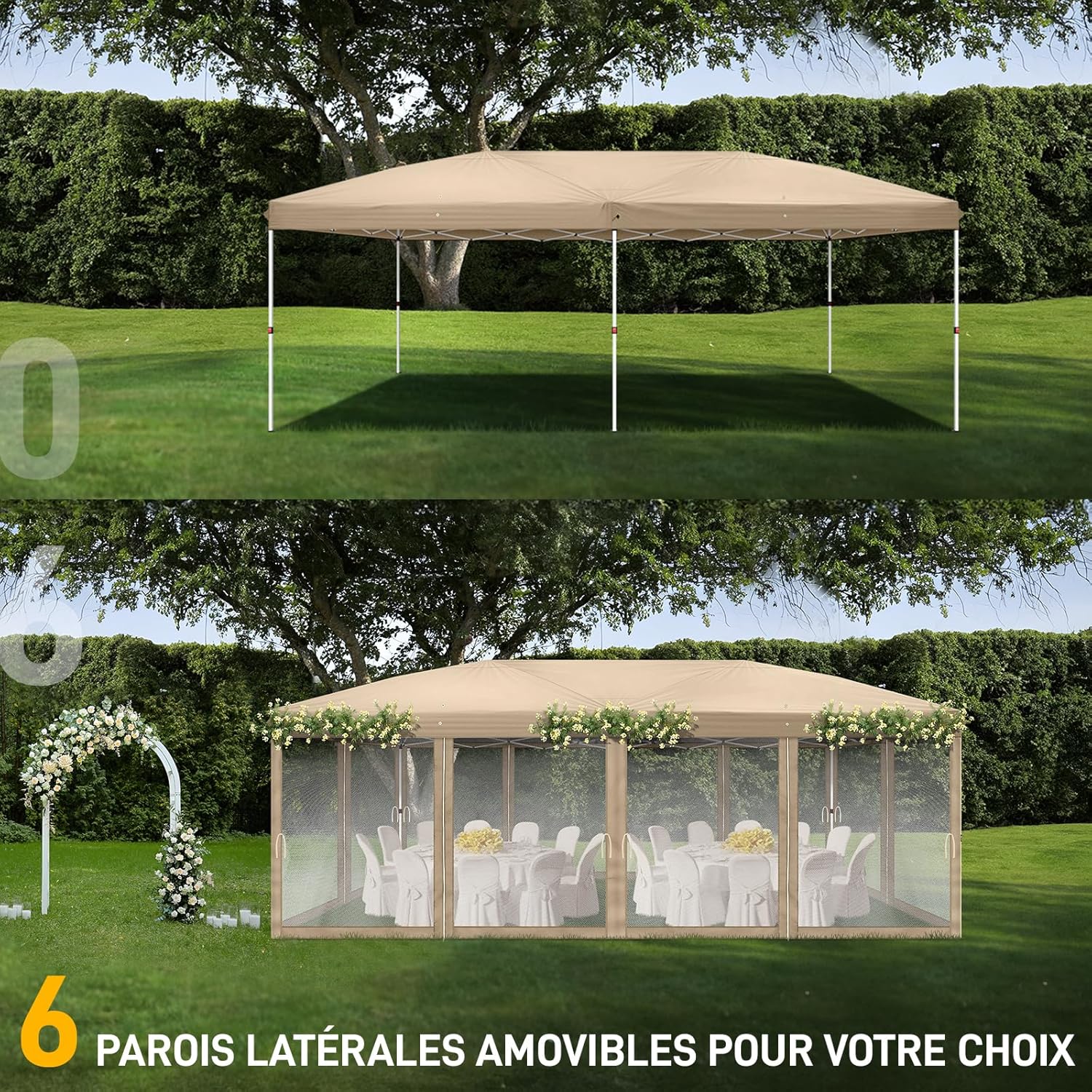 LEADZM - tonnelle pliable 3x6m - imperméable, anti-UV, hauteur réglable, moustiquaires