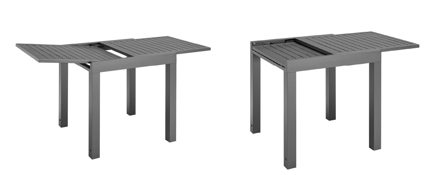 présentée en deux positions : compacte et allongée, avec une surface à lattes et des pieds robustes