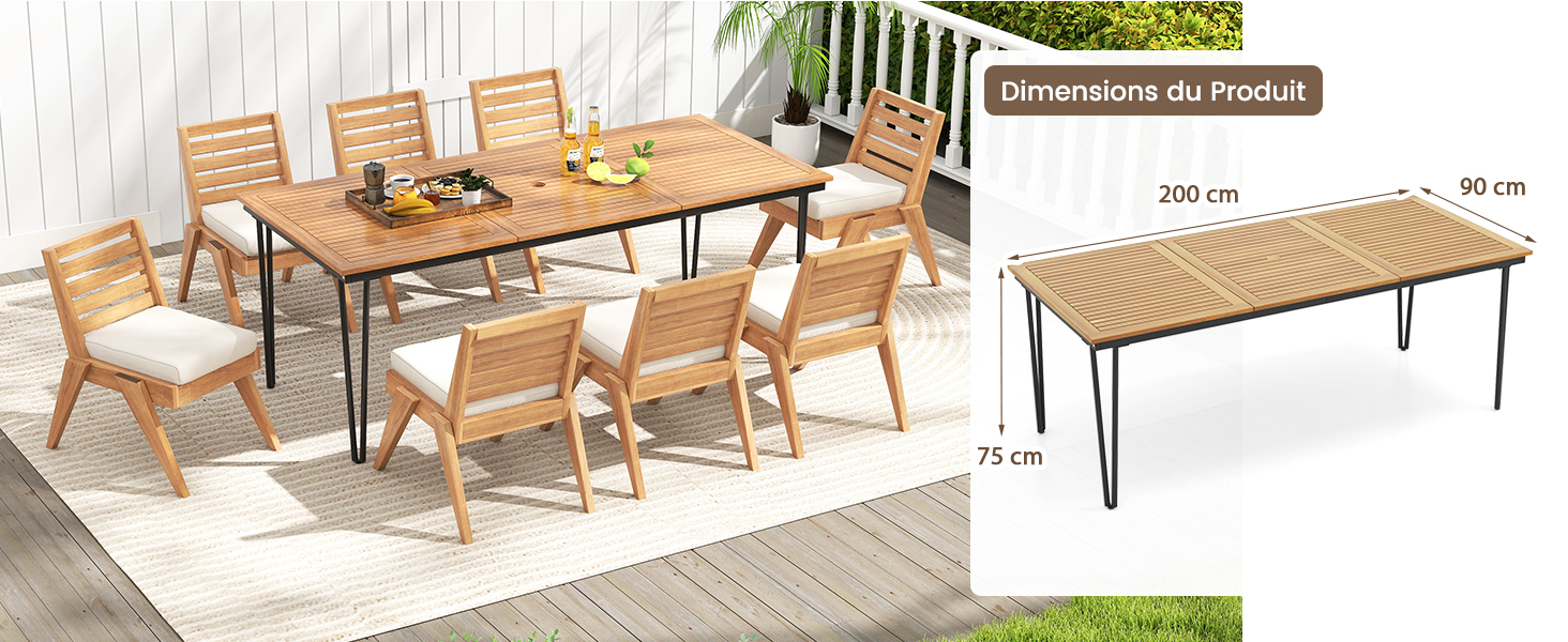 Série de meubles d'extérieur en bois comprenant des bancs, des chaises et des tables présentés dans divers arrangements sur un fond clair.