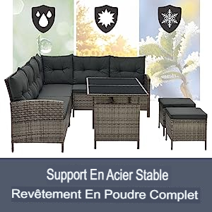 avec coussins foncés et cadre en rotin. Comprend un canapé, une table et un pouf. Le texte indique un support en acier stable et un revêtement en poudre.