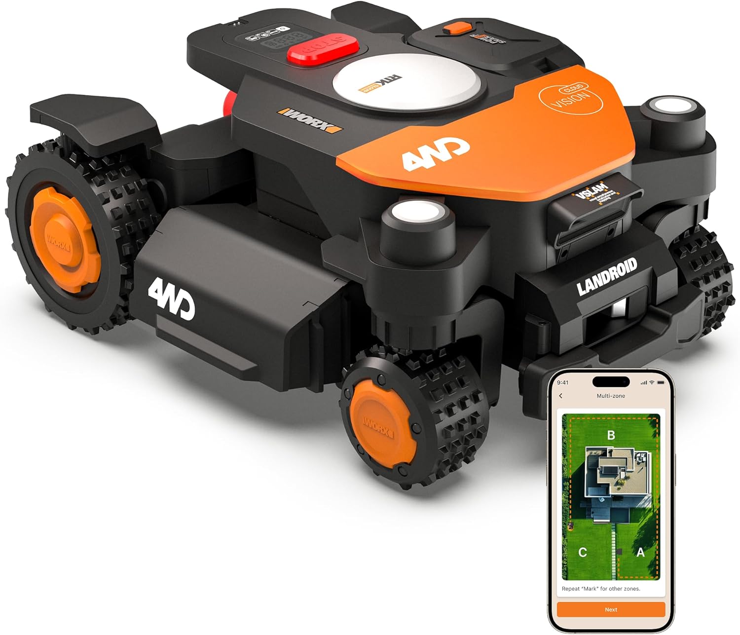 WORX - Vision Cloud 4WD série - 2000 m² - tondeuse automatique IA, navigation VSLAM/RTK, contrôle app, WR342E