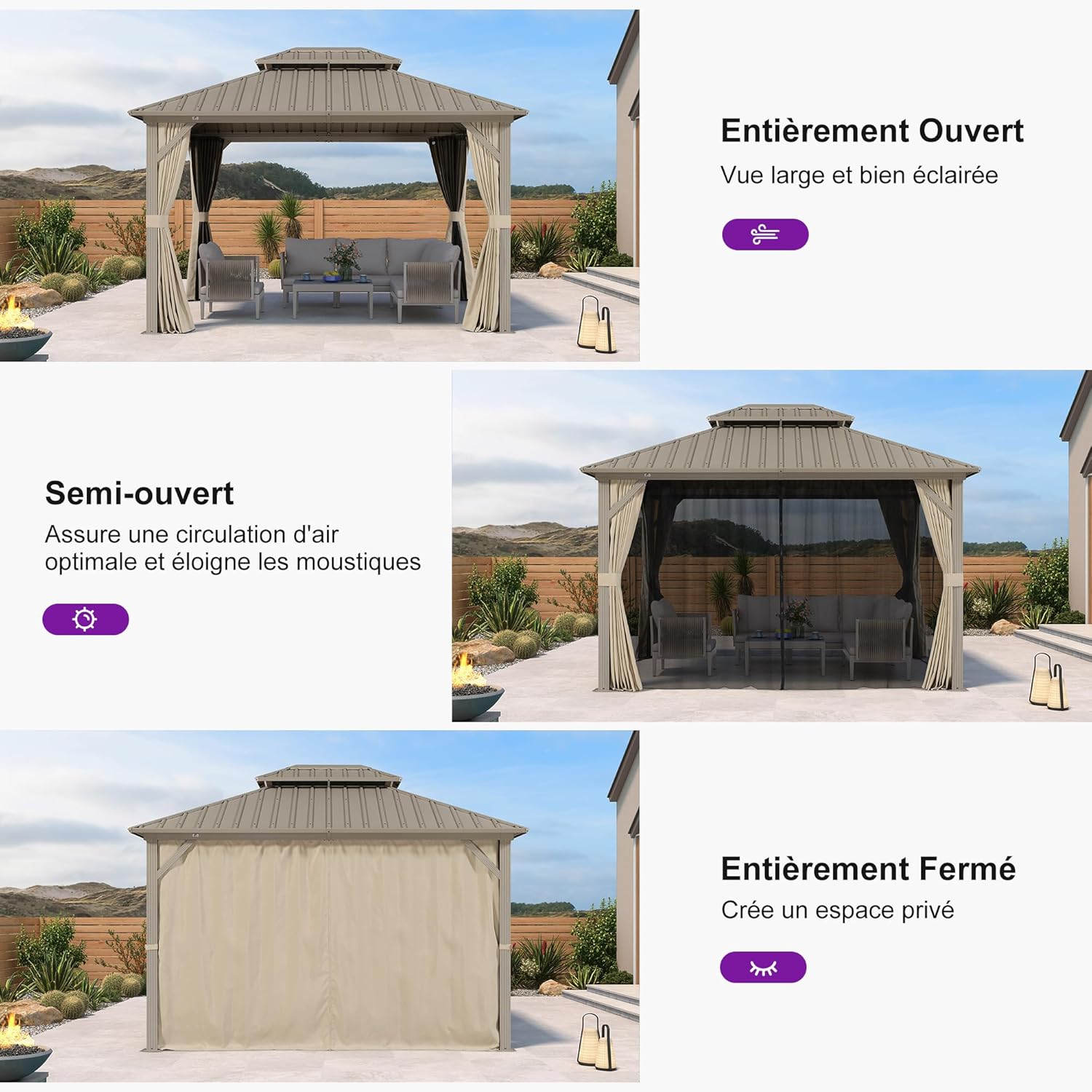 PURPLE LEAF Tonnelle de Jardin Extérieur 3,65 x 3 m avec Éclairage Extérieur, Pergola Aluminium à Toit Rigide en Acier Galvanisé, Pavillon Imperméable pour Camping, Fête, Barbecue, Champagne