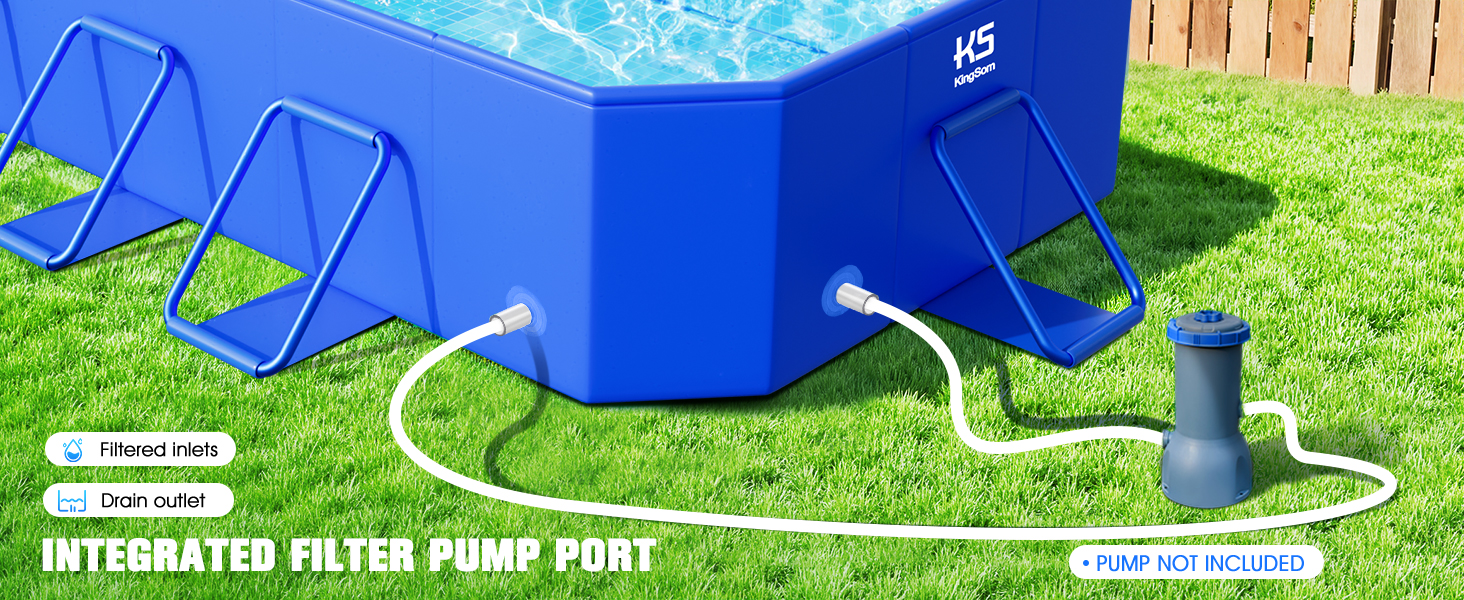 Le texte indique « POSTE DE POMPAGE DE PRIÈRE INTÉGRÉ ». Piscine gonflable bleue ou bassin d'eau avec colonne de pompage intégrée, montrée sur l'herbe avec un cerf-volant en arrière-plan.