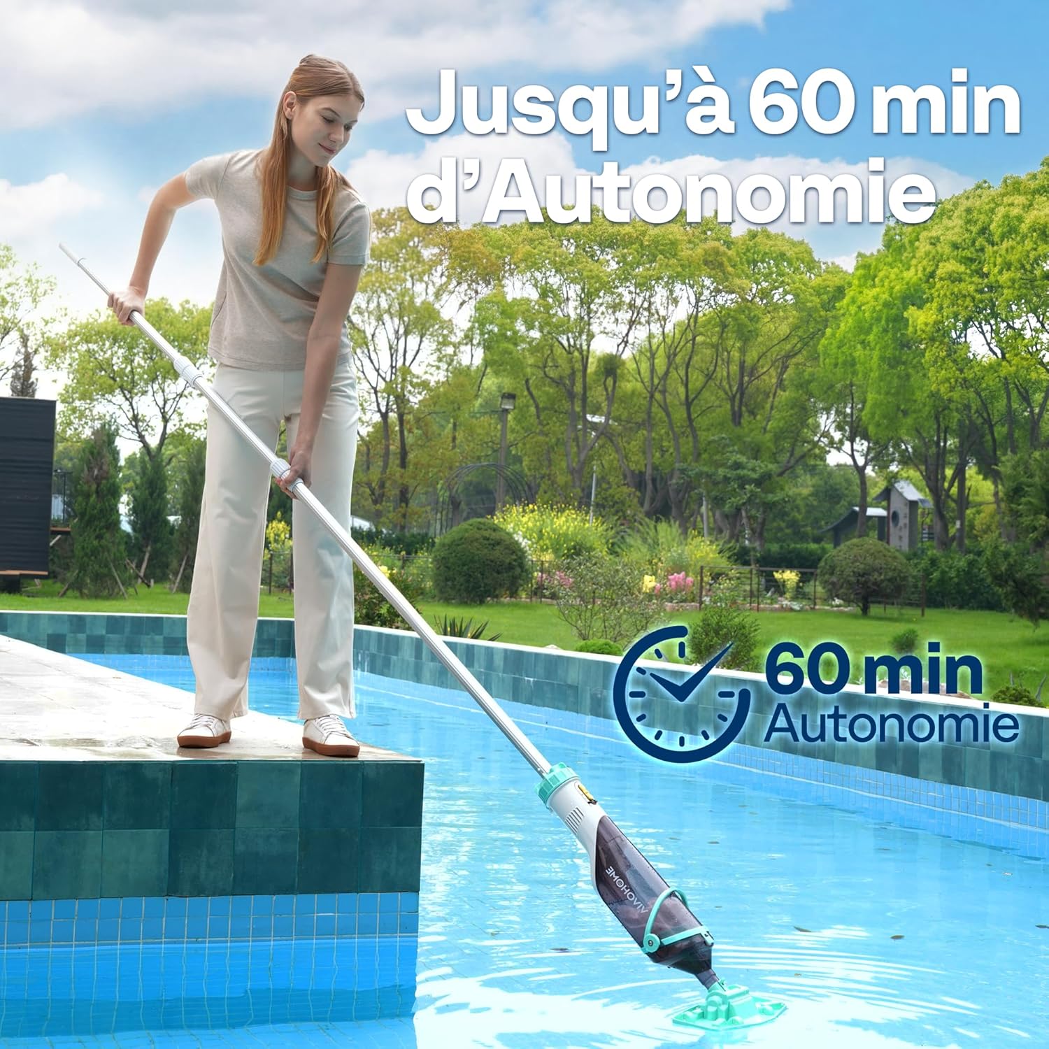 VIVOHOME 213cm Aspirateur de Piscine sans Fil, Puissance d'Aspiration jusqu'à 70LPM, Nettoyeur de Piscine Portable avec 4 Sacs Filtrants, pour Piscine Hors-Solet et Enterrée, Spa Global Recycled Standard