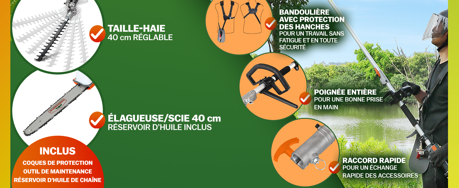 comprenant un taille-haie réglable de 40 cm, une scie à élaguer et un manche à prise intégrale. Comprend un réservoir d'huile, un équipement de protection et des accessoires pour diverses tâches de jardinage.