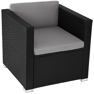 Fauteuil d'extérieur en osier noir avec assise coussin gris clair, présentant un design de mobilier de patio moderne