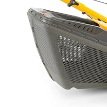 Close-up views of a lawn mower's ventilation grid and yellow handle components from multiple angles, showing technical design details.