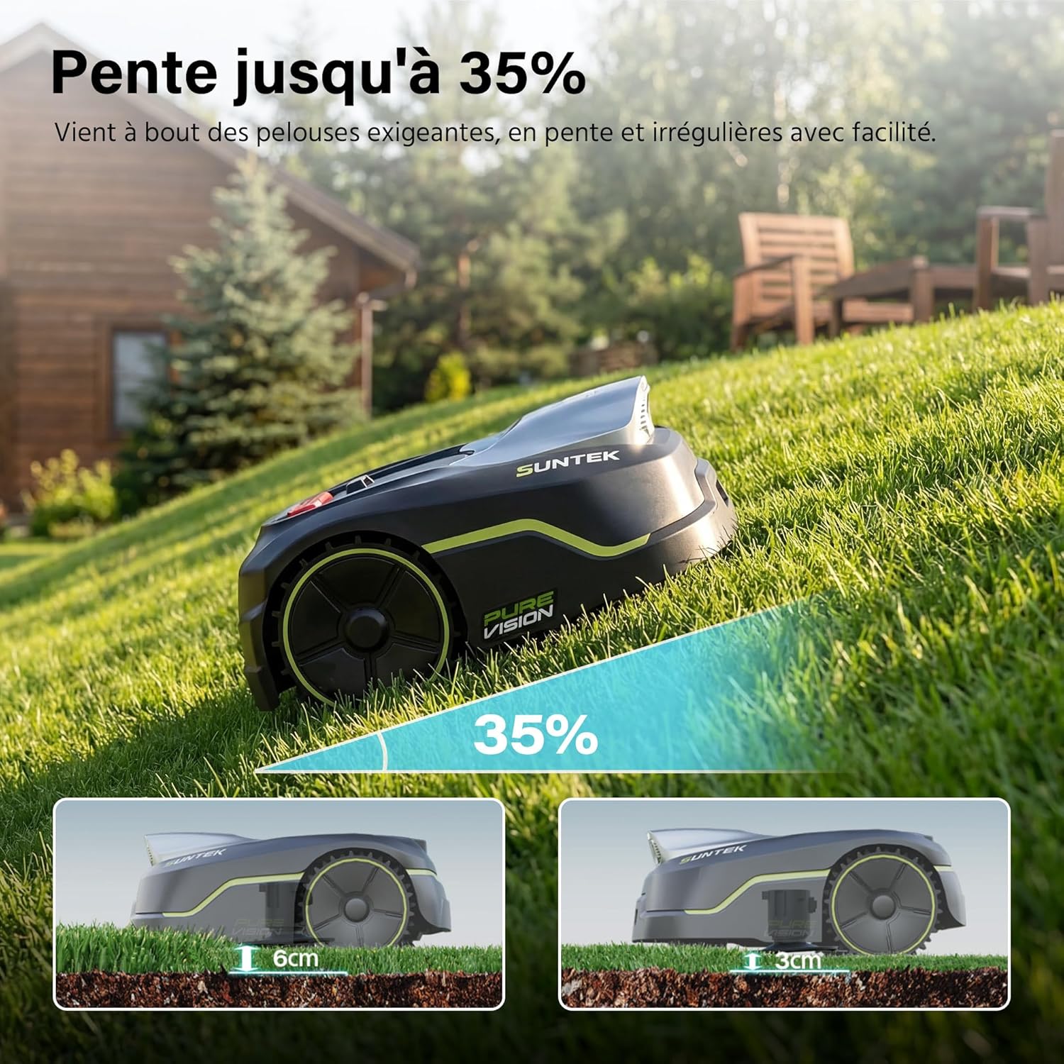 Suntek - robot tondeuse IA Vision - 500m² - pente 35°, IPX5, app, garage
