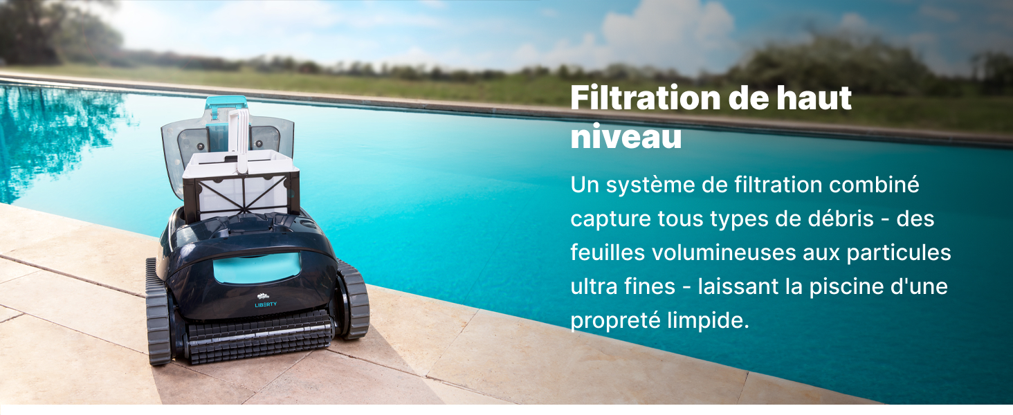en action au bord de la piscine, avec un texte décrivant un système de filtration de haut niveau pour capturer les débris et les particules fines