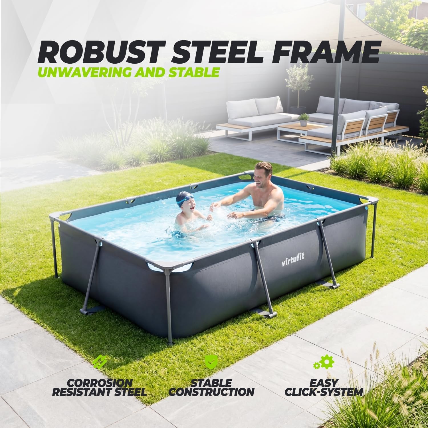 VirtuFit Piscine rectangulaire 300 x 210 x 66 cm anthracite – Compacte – Cadre stable – Idéale pour le jardin – Montage rapide