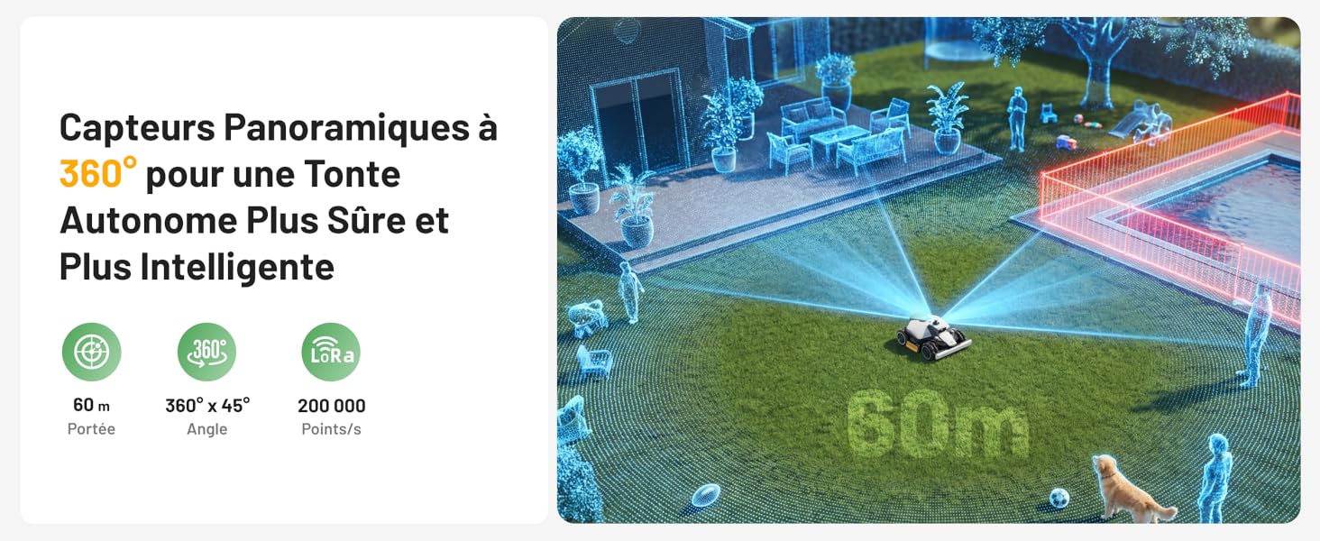 Le texte se lit comme suit : « Captures Panoramique à 360 degrés », « Pour une Vidéo Plus Intelligente » avec du texte français supplémentaire. L'image montre une photographie de paysage avec de l'eau et des champs verts, ce qui indique la capacité de la vidéo panoramique.