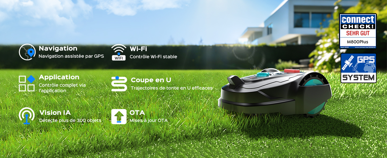 Tondeuse à gazon robotique en action sur l'herbe verte. Plusieurs images montrent l'appareil sous différents angles en train de tondre une pelouse résidentielle.