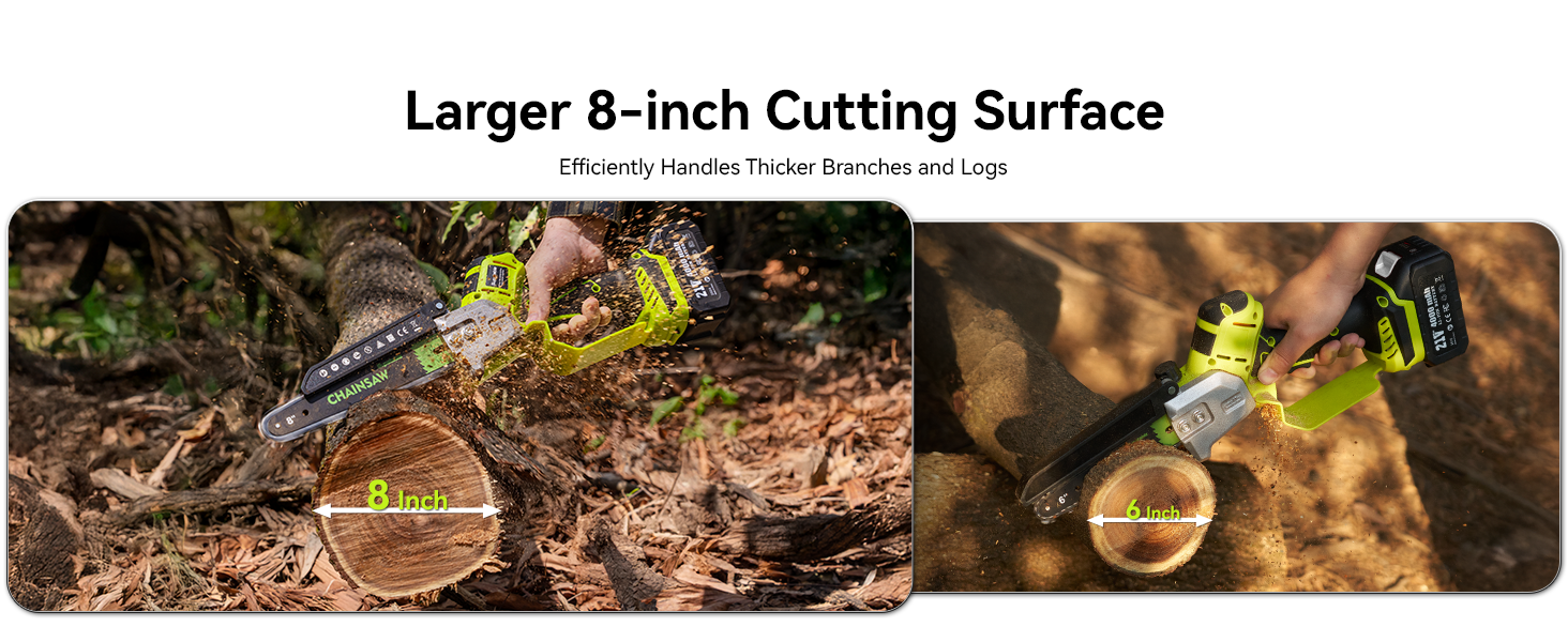 Le texte indique « Surface de coupe plus grande de 8 pouces ». Image divisée montrant une tronçonneuse coupant du bois en forêt, avec une superposition de mesures indiquant le diamètre de coupe.