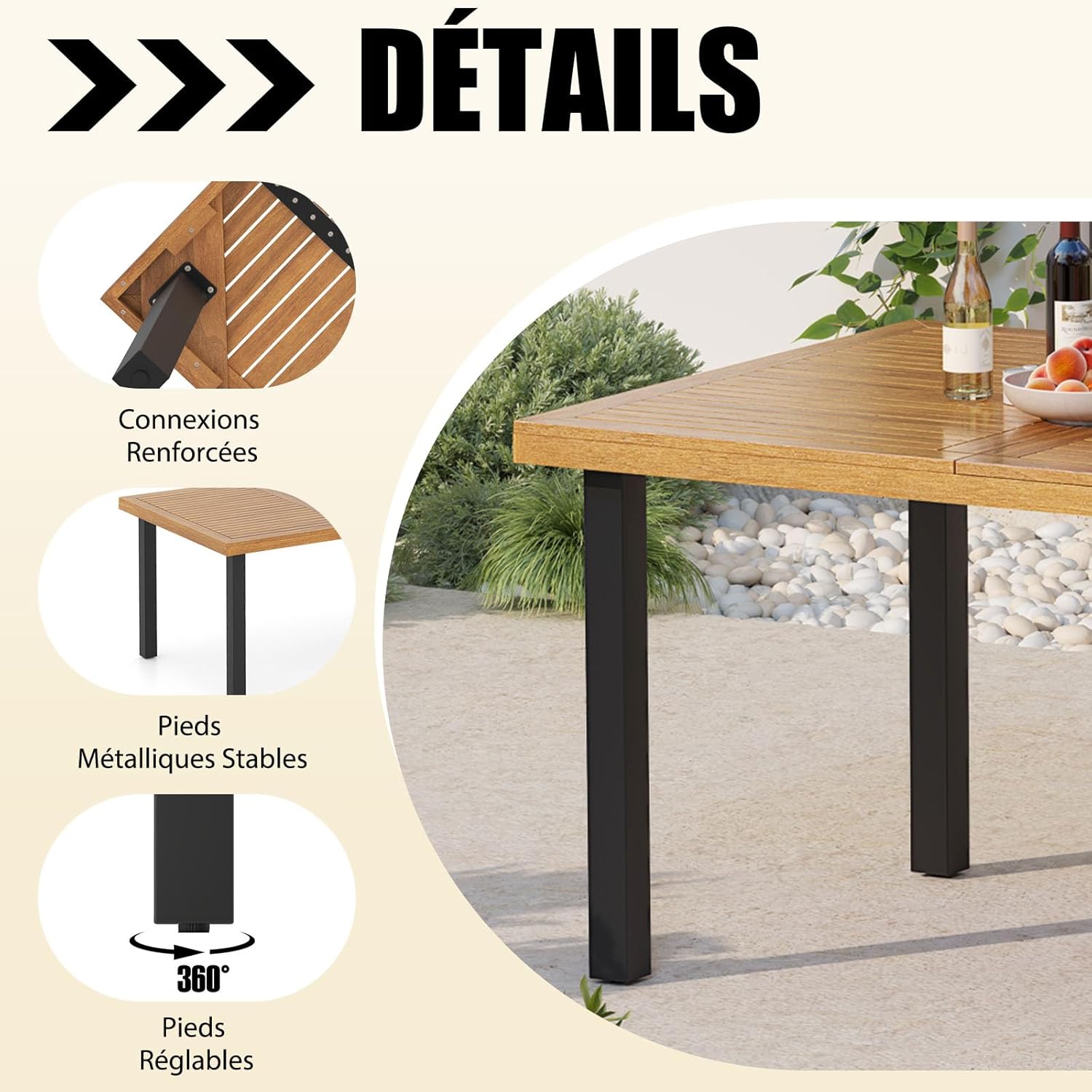 COSTWAY - table de jardin 200 cm - 8 pers. acacia métal, trou parasol