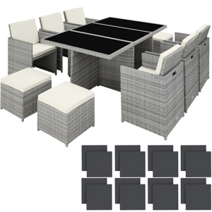 avec finition en rotin tressé. Comprend une table à manger, des chaises et des poufs. La table est dotée de compartiments intégrés et d'un plateau en verre amovible.