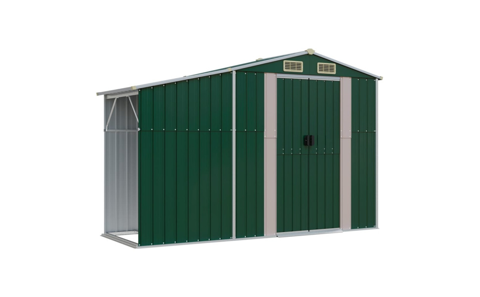 Grand abri de jardin en métal vert avec garniture blanche, toit en pente et portes doubles, idéal pour le rangement extérieur