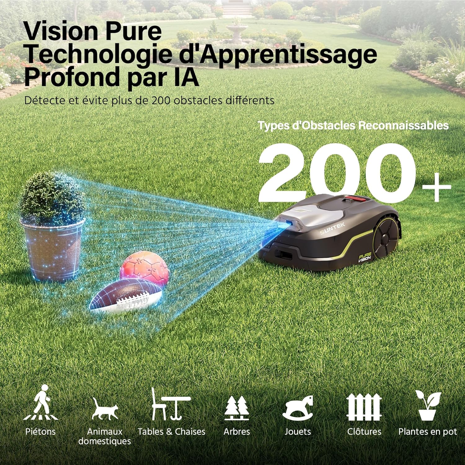 Suntek - robot tondeuse IA Vision - 500m² - pente 35°, IPX5, app, garage