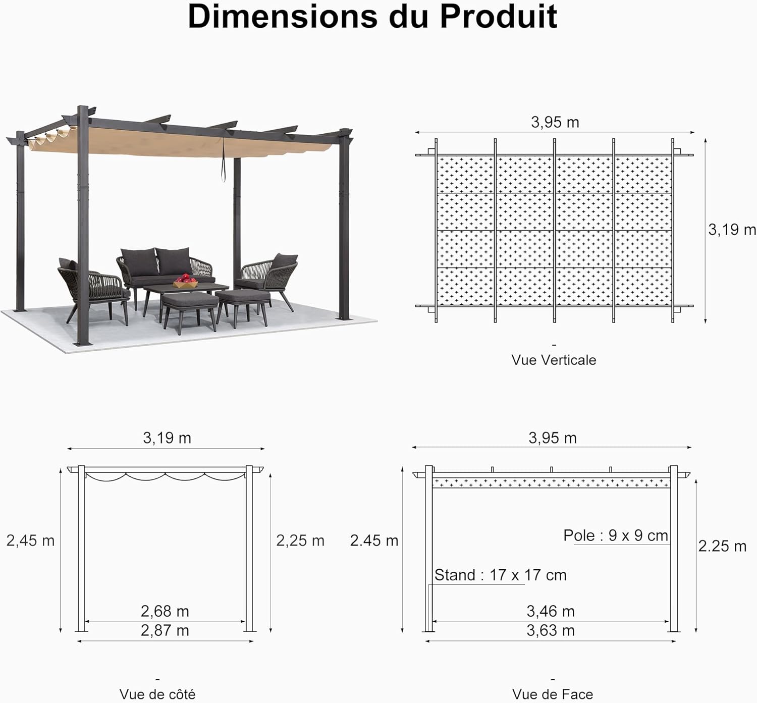 PURPLE LEAF - pergola aluminium série - 4x3,2m - toile teintée, toit coulissant, kaki
