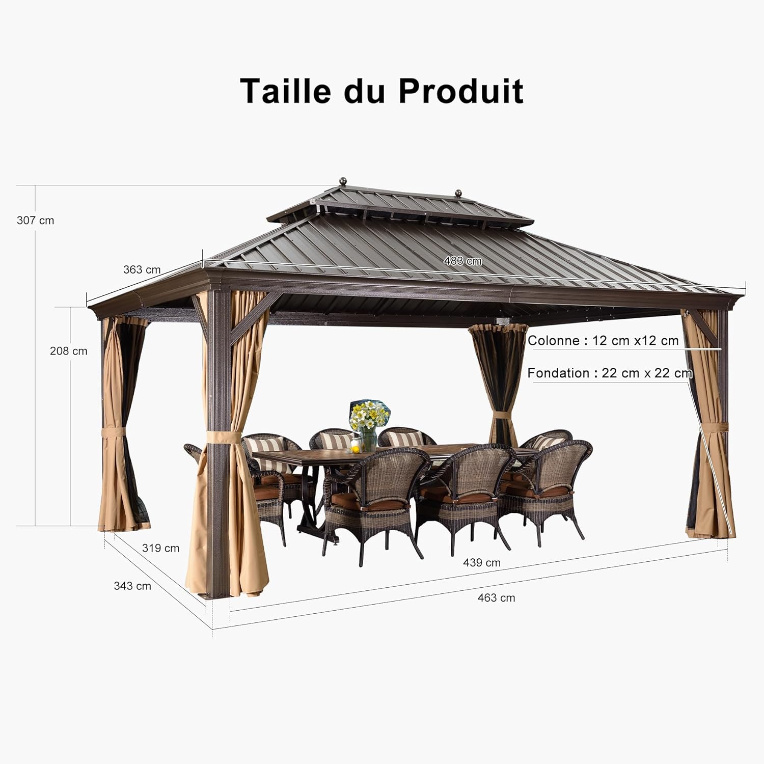 PURPLE LEAF - Pergola toit double 4,85x3,65m acier moustiquaire rideaux