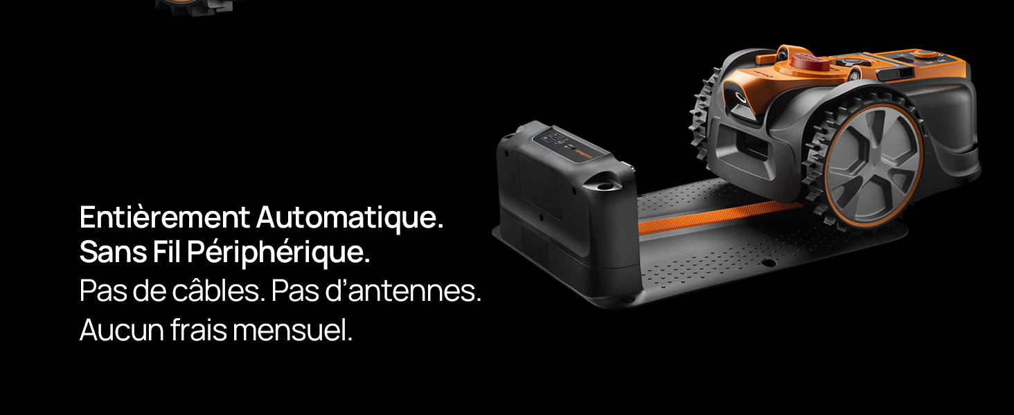 Le texte indique « Entièrement automatique » et « Sans fil ». Schéma technique illustrant le processus d'installation sans câble d'un appareil électronique.