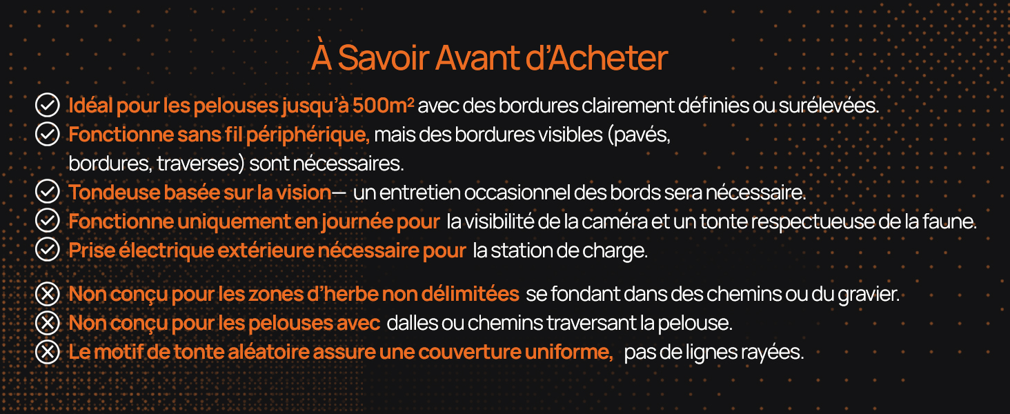 Texte : « A Savoir Avant d'Acheter » suivi de plusieurs puces en français fournissant des informations sur le produit sur fond foncé avec des accents orange.