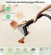 Le texte indique « Solution de nettoyage efficace » avec des icônes indiquant « Puissance 1800 W ». Démonstration du nettoyage à l'aspirateur sur un tapis texturé à motif circulaire.