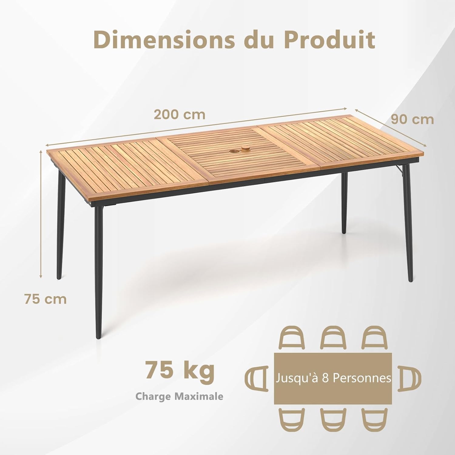 GOPLUS - Table de jardin 8 personnes - 190x90cm - bois acacia, trou parasol 5cm, pieds métal, charge 75kg