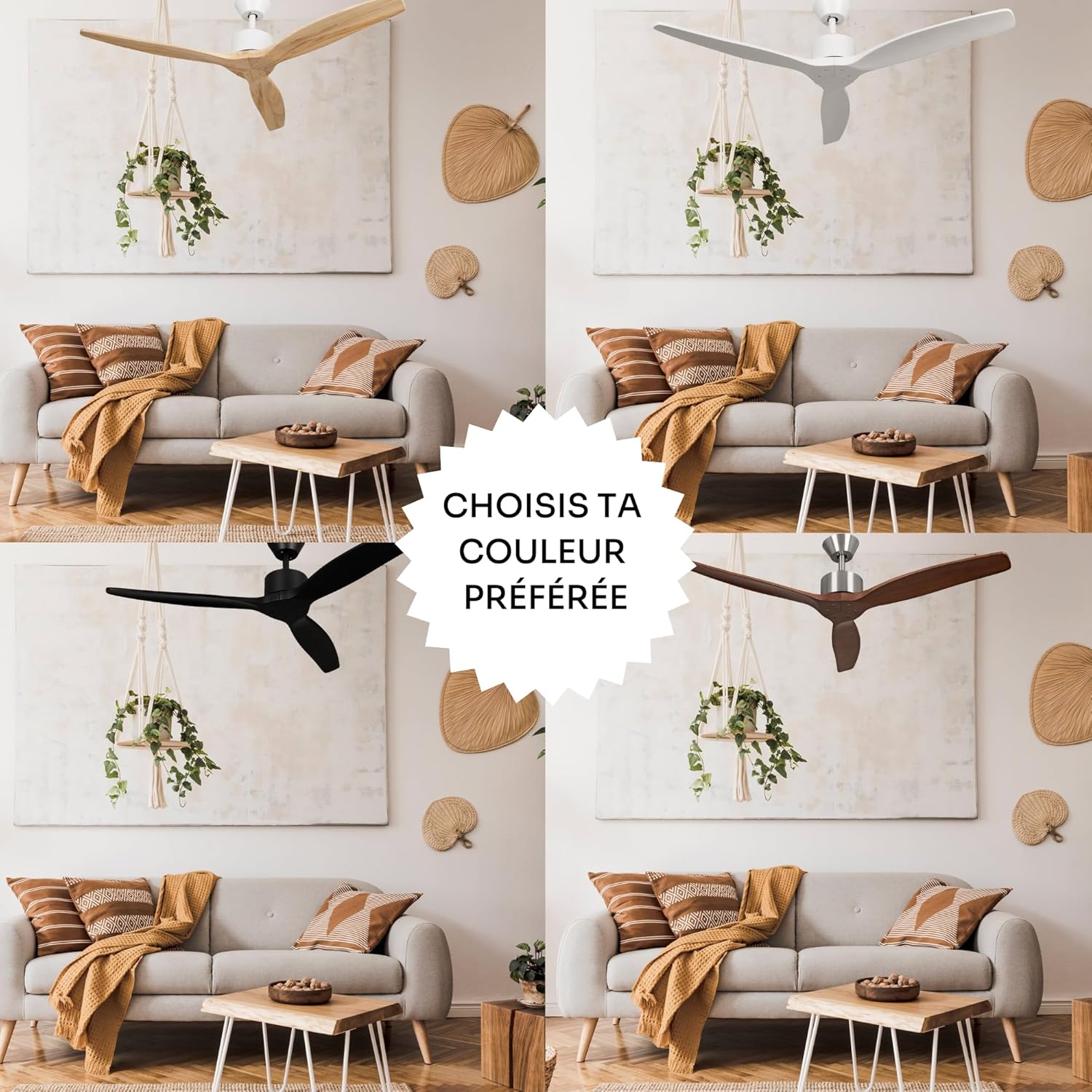 Mellerware - Ventilateur de plafond avec télécommande Brizy! 45W | Puissant | Ultra silencieux | 3 lames | Diamètre 132cm | 6 vitesses | Refroidissement + LED intégrée | Noir