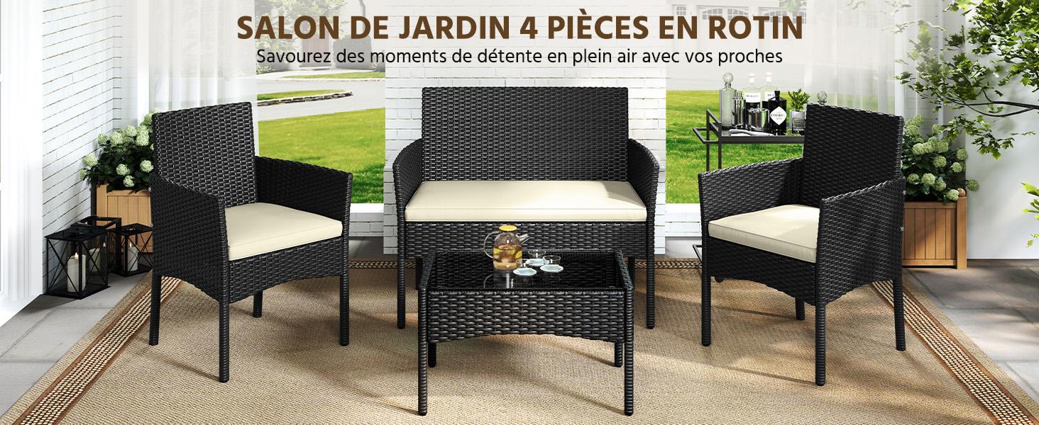Le texte se lit comme suit : « SALON DE JARDIN 4 PIÈCES EN ROTIN ». Plusieurs vues de l'ensemble de mobilier d'extérieur en rotin noir comprenant un canapé, des chaises et une table avec des coussins crème.