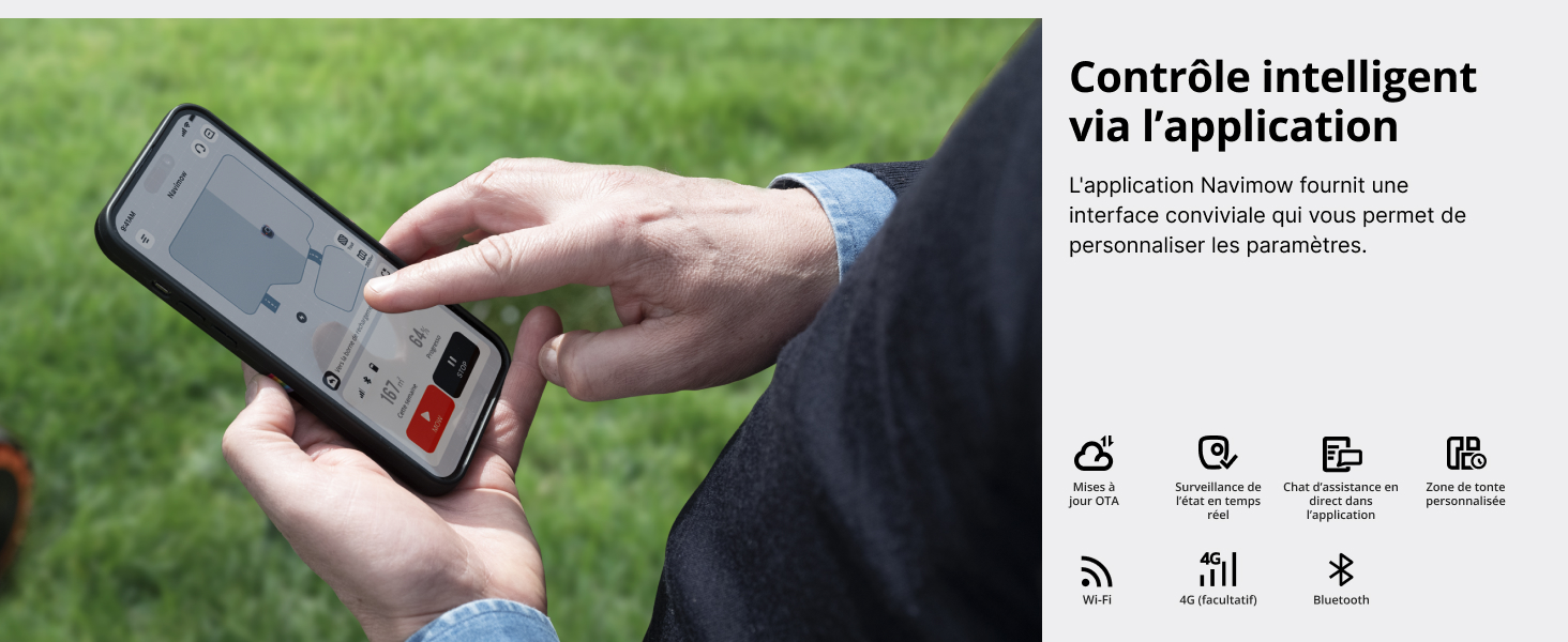 Le texte indique « Contrôle intelligent via l'application ». Série d'images montrant l'interface d'une application pour smartphone et les mains interagissant avec un appareil mobile.