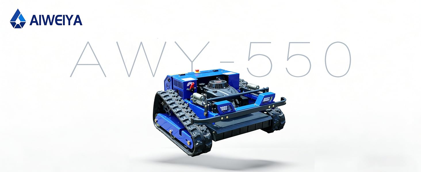Le texte indique « AIWEIYA » et « AW-550 ». Véhicule robotique à chenilles bleu avec des marches en forme de char, représenté en perspective 3D sur fond blanc. Image de présentation du produit technique.