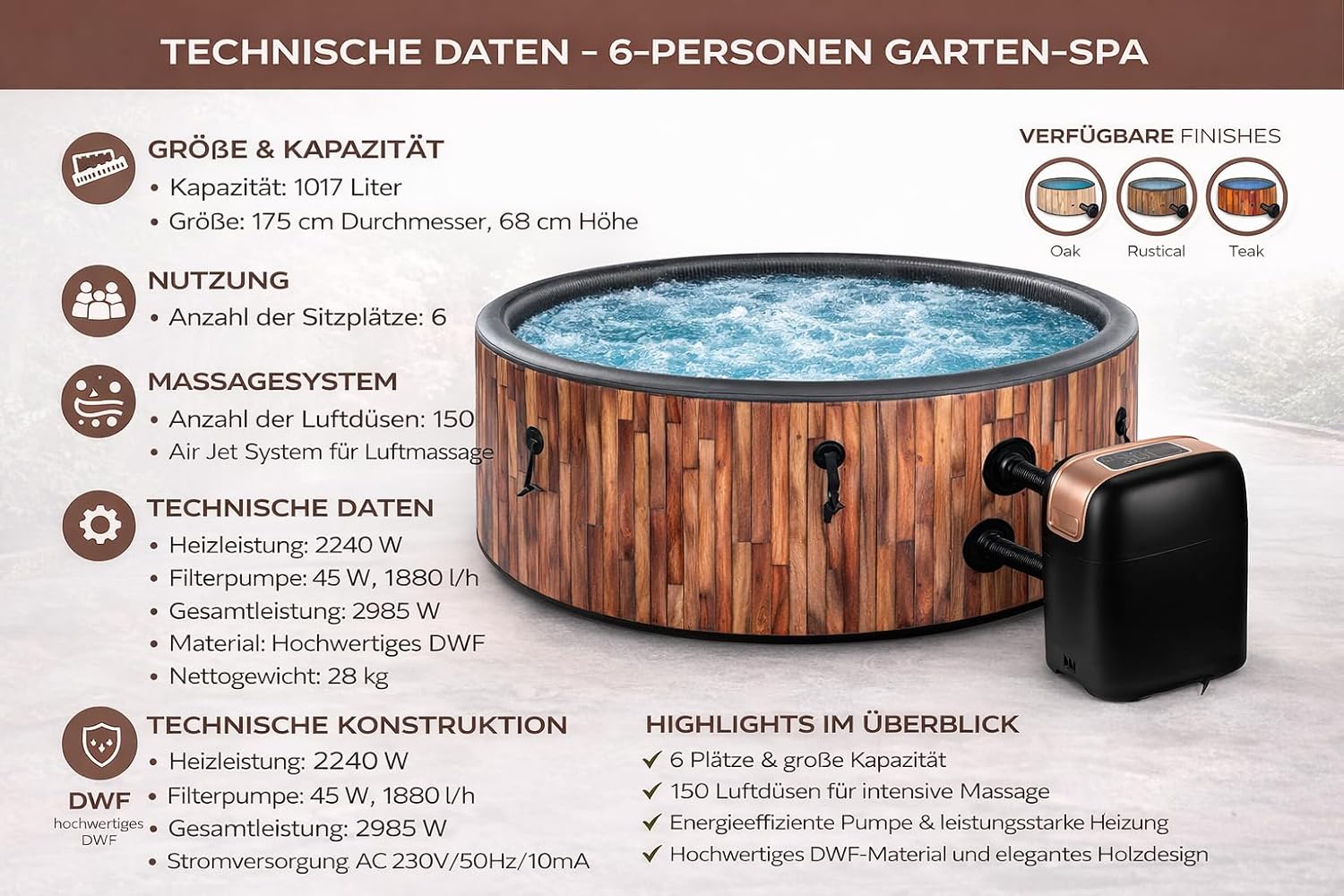 COIL Spa de jardin SPA de plein air Résistant à l'hiver SPA de plein air Gonflable - 6 personnes, aspect bois, matériau DWF robuste, gonflage rapide, hydromassage bien-être (Chêne)