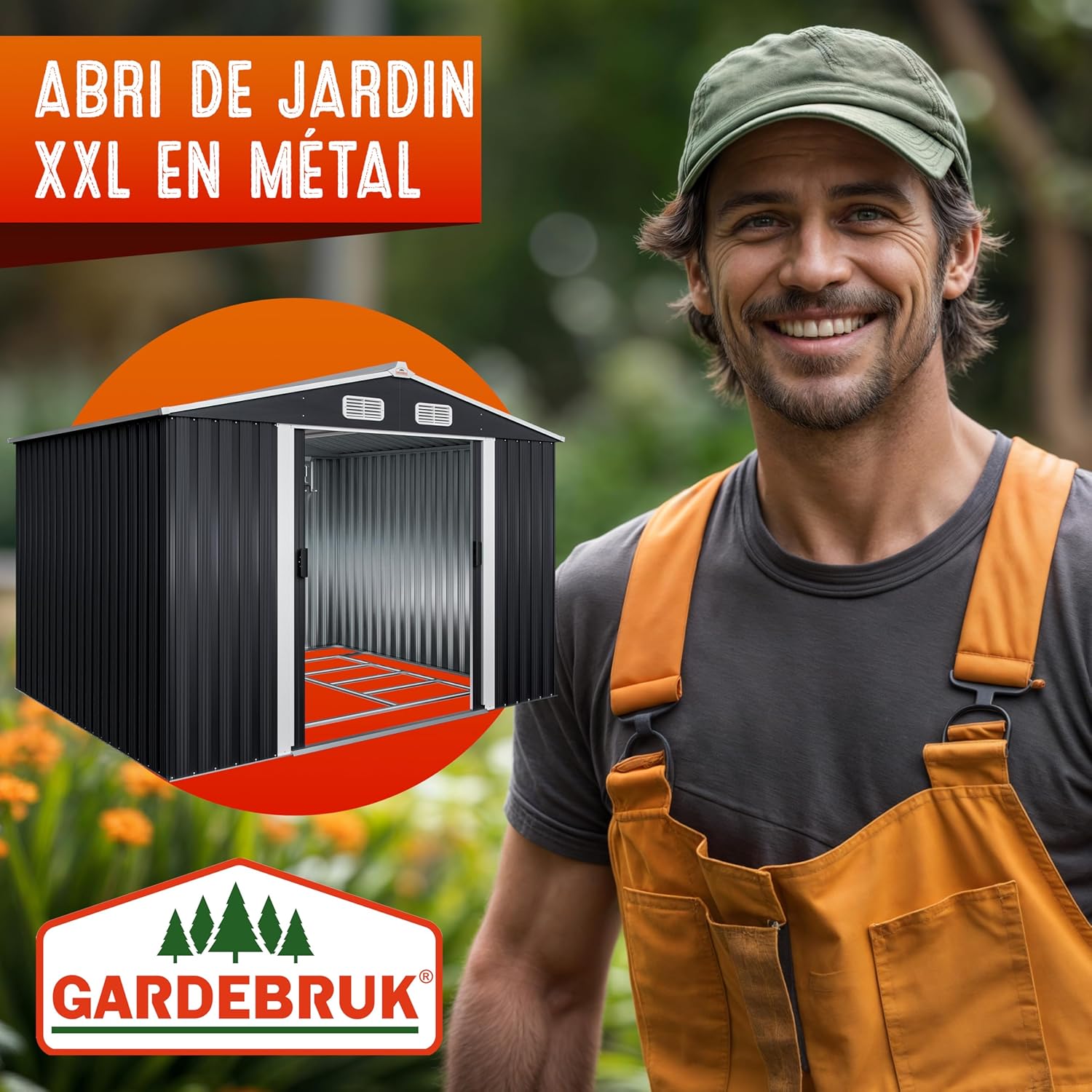 Abri jardin métal XXL - 260x205x180cm - Porte coulissante, fondation, rangement outils -  GARDEBRUK