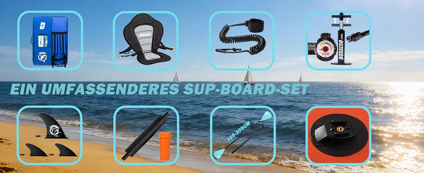 Le texte indique « EIN UMFAScontactES SUP BOARD SET ». Bannière bleue montrant les icônes de l'équipement de paddleboard, notamment la planche, la pagaie, la pompe et le sac de transport.