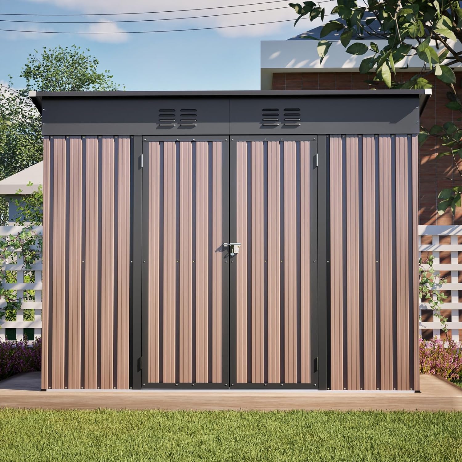 YEHTOKHOME 8x4 FT Abri de Jardin en Métal 242x126 cm, Abri de Jardin avec Toit Incliné, Portes Verrouillables et Fondation Métallique, Rangement Extérieur Étanche, Marron (8x4 FT)