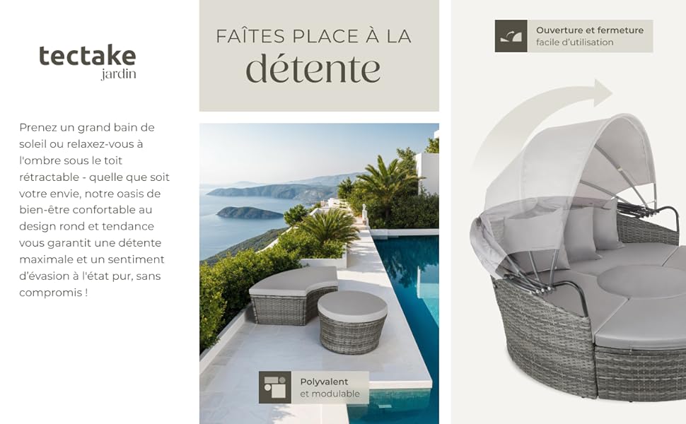 Le texte indique « tectake » et « FAITES PLACE À LA DÉTENTE ». Les images marketing montrent un rouleau en mousse blanc avec des embouts noirs affichés sous plusieurs angles.