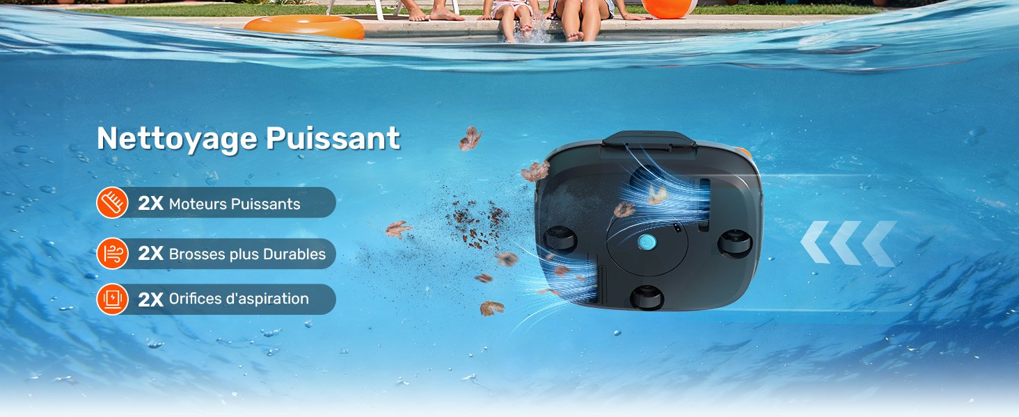 Le texte indique « Image 3 » et « Nettoyage Puissant ». Photographie de produit sous-marine montrant un appareil bleu sur lequel est superposé un texte indiquant une puissance de nettoyage « 2X », avec des bulles et des effets d'eau.