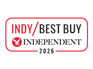 Le texte indique « INDY/BEST BUY 2026 » et « INDEPENDENT » avec des logos. Design de bannière de récompense rouge et blanc.