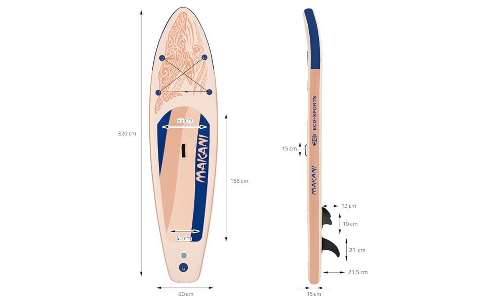 ECD Germany Planche stand up paddling abricot Makani 320x80x15 cm SUP gonflable Planche paddle surf